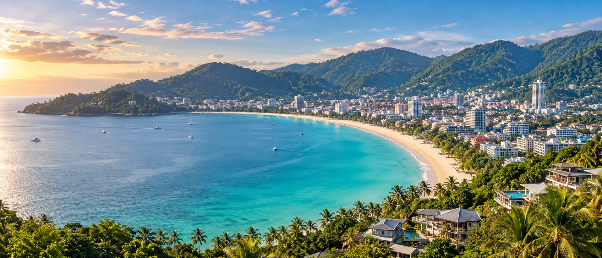 Plage de Patong à Phuket, avec baie, littoral et propriétés à flanc de colline
