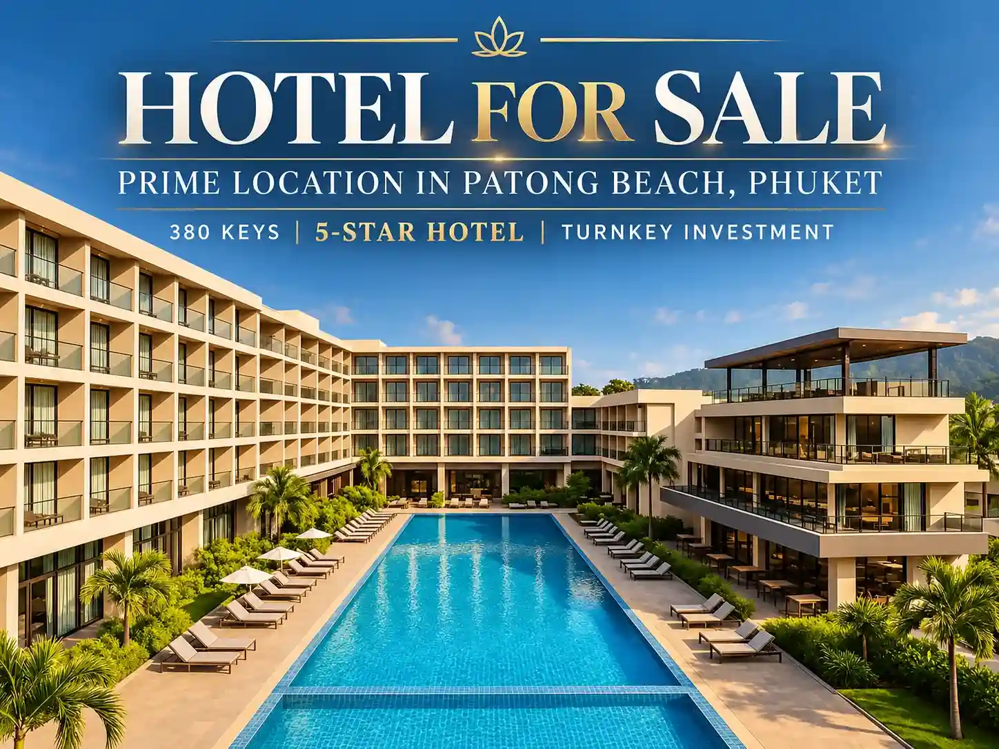 Hôtel 5 étoiles à vendre à Patong, Phuket, comprenant un complexe hôtelier de luxe avec piscine et architecture moderne.