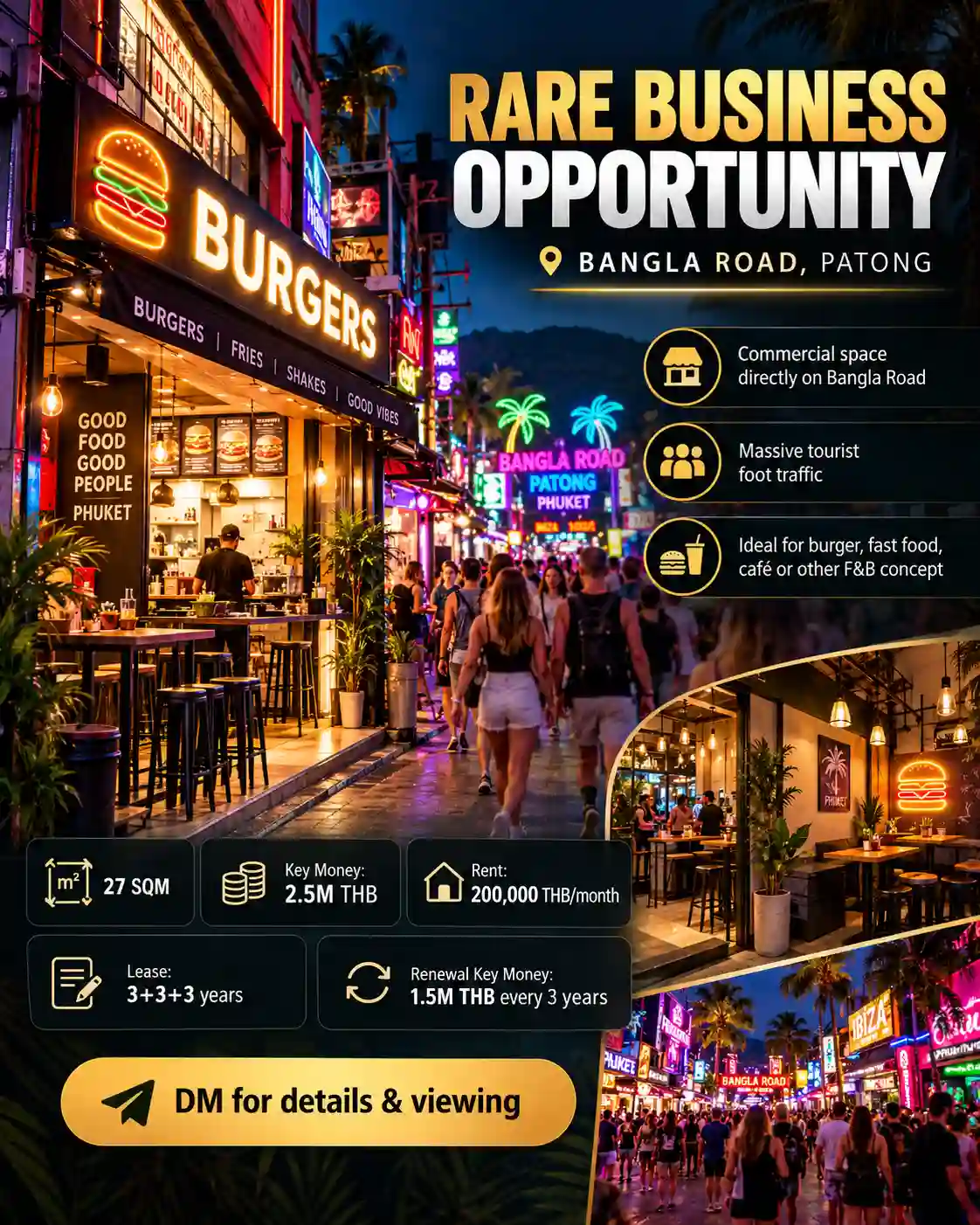 Local commercial à louer sur Bangla Road à Patong, Phuket – Opportunité commerciale illustrée pour les restaurateurs et les bars à boissons
