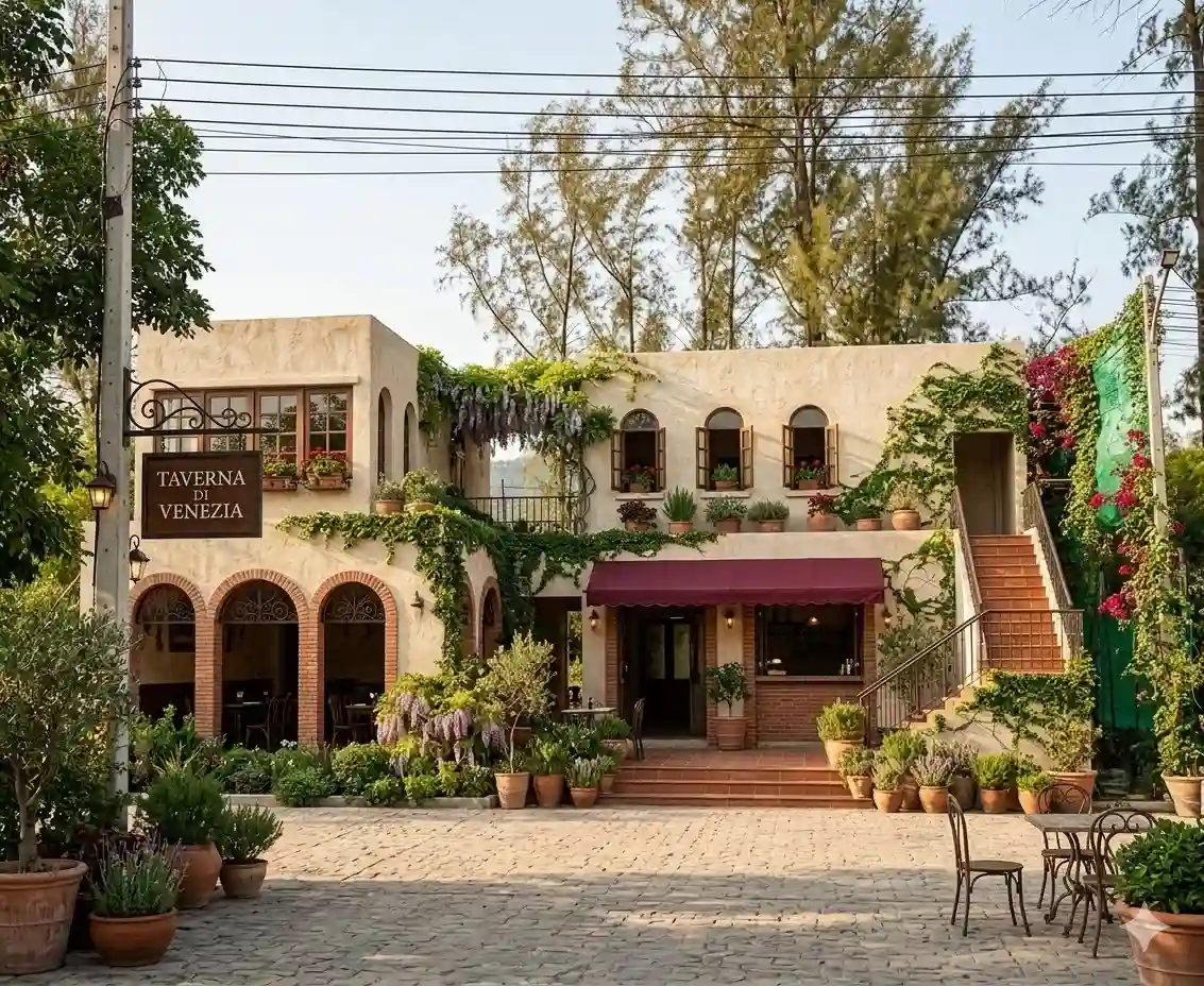 Restaurant building for sale in Boat Avenue 2, Bang Tao, Phuket – architectural rendering of the proposed Mediterranean-style restaurant