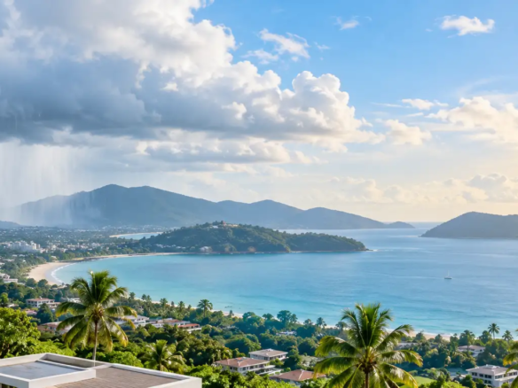 Vue panoramique des villas et du littoral de Phuket pendant la saison des pluies, illustrant l'impact des conditions météorologiques de la mousson sur les revenus locatifs.