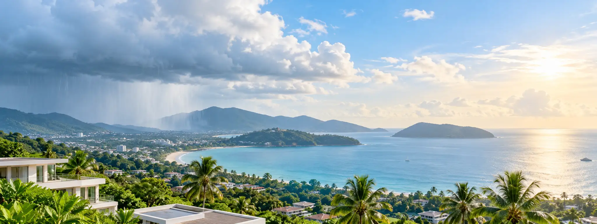 Vue panoramique des villas et du littoral de Phuket pendant la saison des pluies, illustrant l'impact des conditions météorologiques de la mousson sur les revenus locatifs.