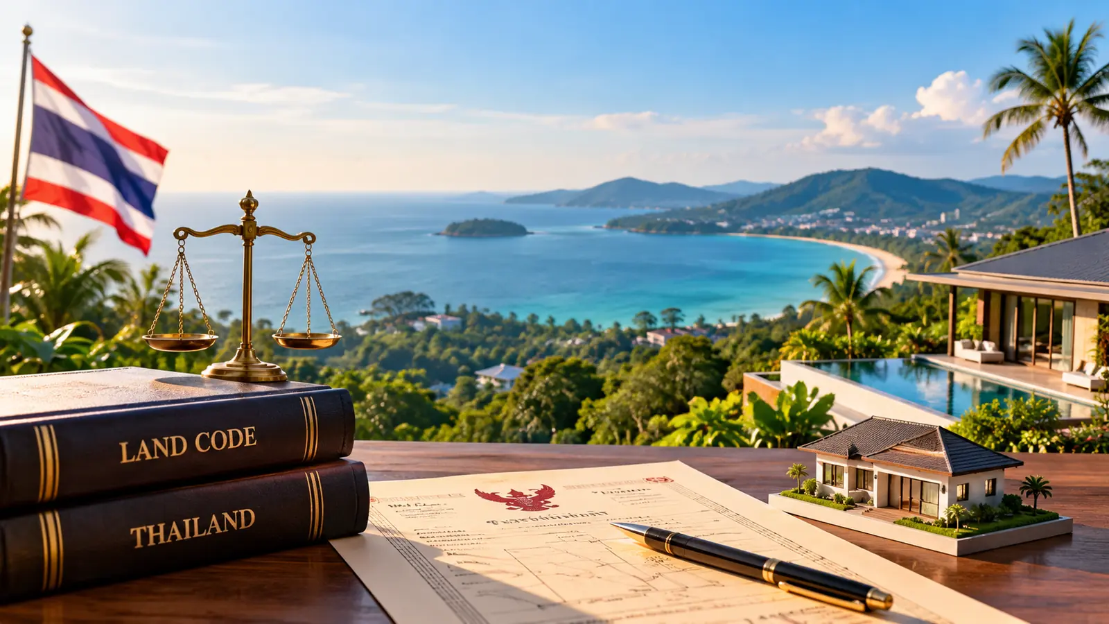Illustration of Thailand's nominee land crackdown showing a Phuket villa, Thai flag, legal documents and scales of justice. Copier